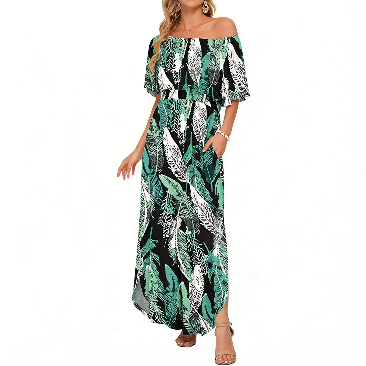 🔥Women's Off The Shoulder Dress Wedding Guest Dress Summer Casual Long Ruffle Party Side Split Beach Maxi Dresses
